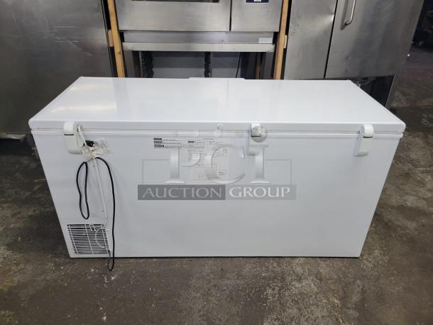 GE 65-inch chest freezer, model FCM16SLB, 15.7 cu. ft., Energy Star rated, tested and working, white exterior, visible lock.