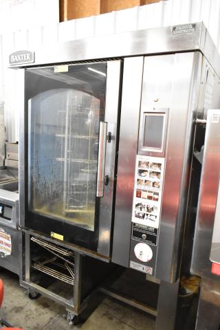 Baxter BV400G stainless steel commercial rotating rack oven, natural gas, with pan rack, on casters, self-cleaning feature.