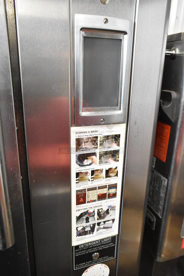 Baxter BV400G stainless steel commercial rotating rack oven, self-cleaning, natural gas, pan rack, control panel visible.