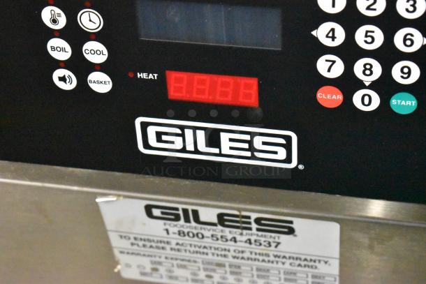 Giles GEF-530-VH commercial fryer display with control panel, logo, and warranty contact details. In good condition.