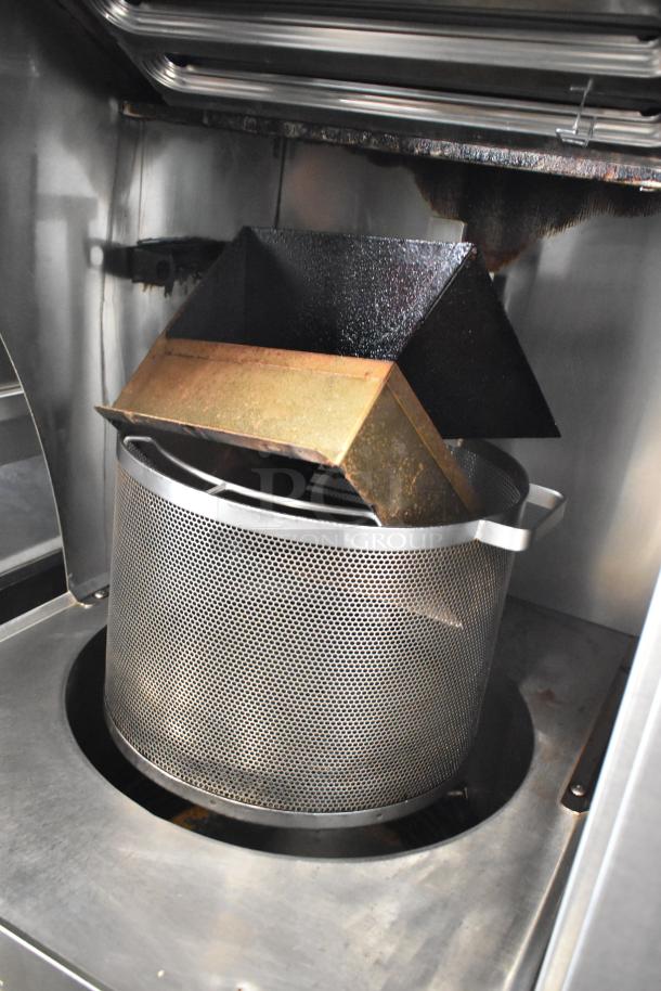 Giles GEF-530-VH stainless steel commercial fryer with ventless grease hood, shown in used condition. 208V, 3 phase.