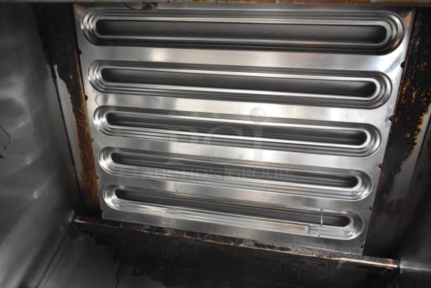 Giles GEF-530-VH stainless steel commercial electric deep fat fryer with ventless grease hood, showing heating elements.