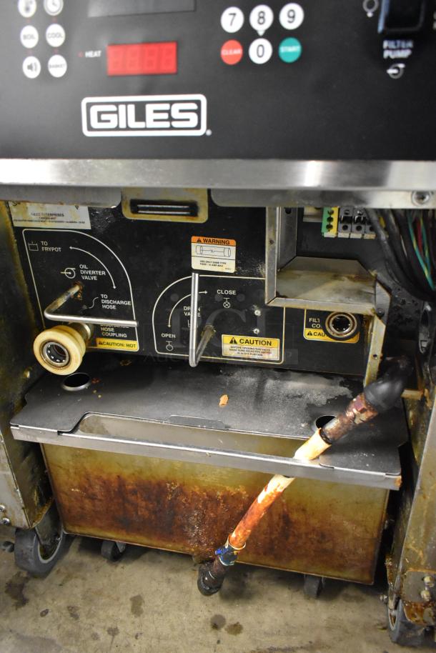 Giles GEF-530-VH stainless steel commercial fryer with ventless grease hood, 208V, 3 phase, showing control panel and caution labels. Used condition.