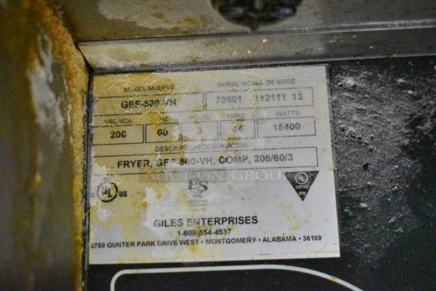Giles GEF-530-VH stainless steel commercial fryer label shows 208V, 3 phase; UL listed. Model/serial info visible.