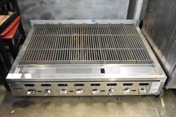 Brand new Vulcan VACB47-101 stainless steel charbroiler grill, natural gas, 136,000 BTU, with minor scratches, model details visible.