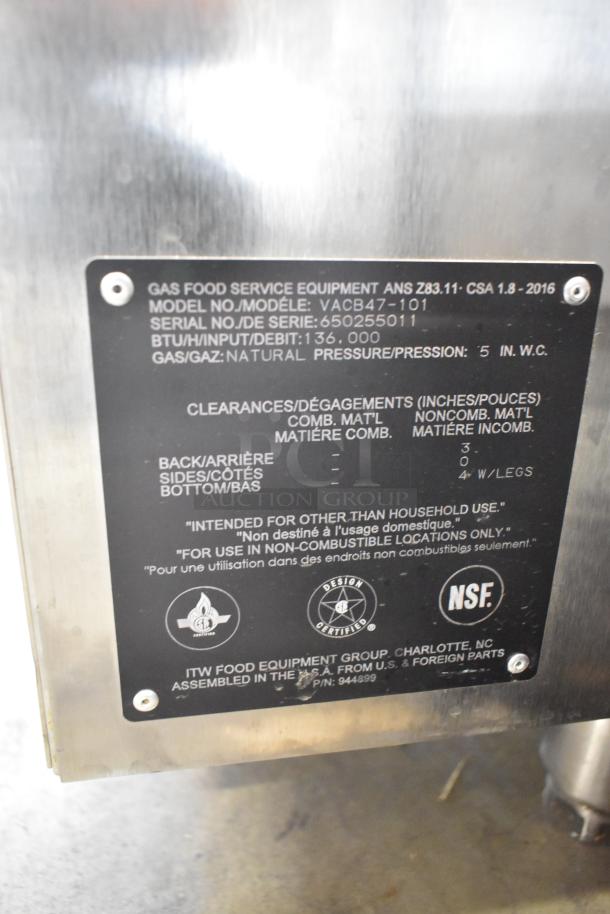 Alt text: Vulcan VACB47-101 stainless steel charbroiler label showing model, serial number, and 136,000 BTU rating.