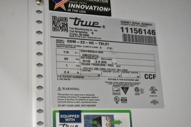 True GDM-23-HC single door cooler label, 115V, 1 Phase, model details, suitable for outdoor use, energy-efficient refrigerant R290.