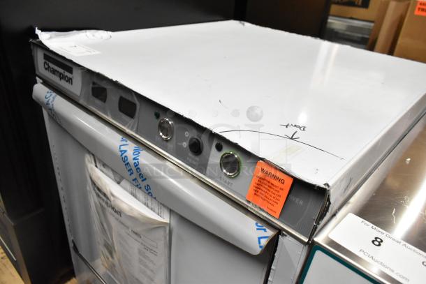 BRAND NEW Champion UH230B stainless steel commercial dishwasher, 2025 model, minor scratches, includes warning label, 120-208/230V, 3 phase.