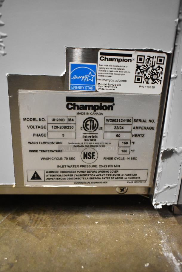 Champion UH230B stainless steel undercounter dishwasher label. Features: 120-208/230 volts, 3-phase, high temp.