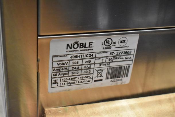 Brand new Noble 495HTUC24 stainless steel commercial undercounter dishwasher with visible label. 208/240V, 1 phase.