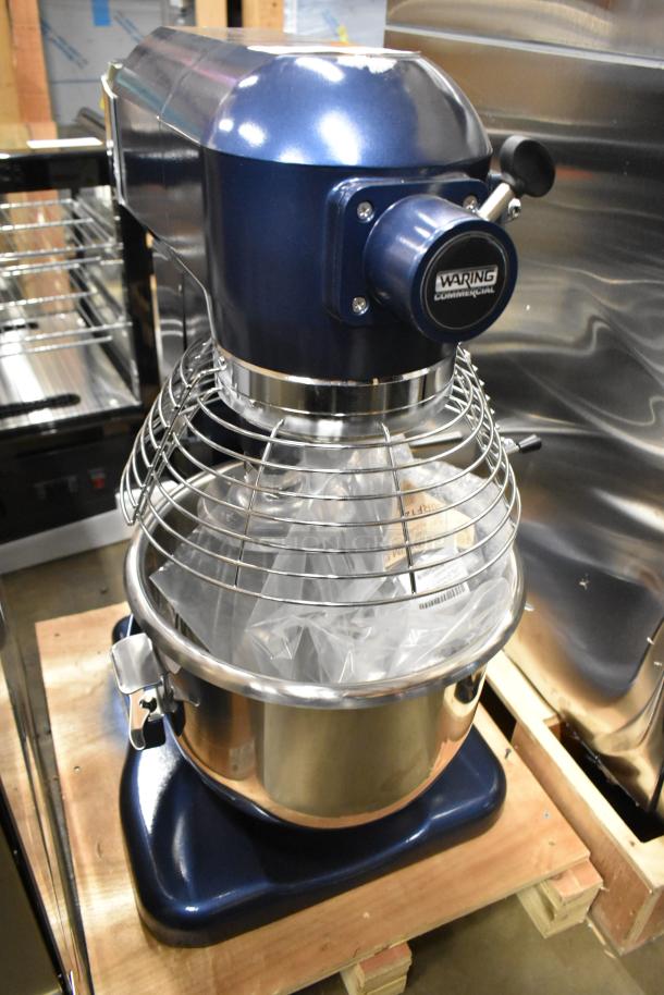 BRAND NEW 2024 Waring WSM20LT 20 Quart Metal Commercial Dough Mixer with stainless steel bowl, bowl guard, whisk attachment.