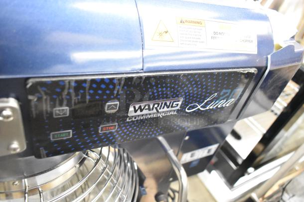 BRAND NEW 2024 Waring WSM20LT 20 Quart Metal Commercial Mixer with stainless steel bowl, bowl guard, and whisk attachment.