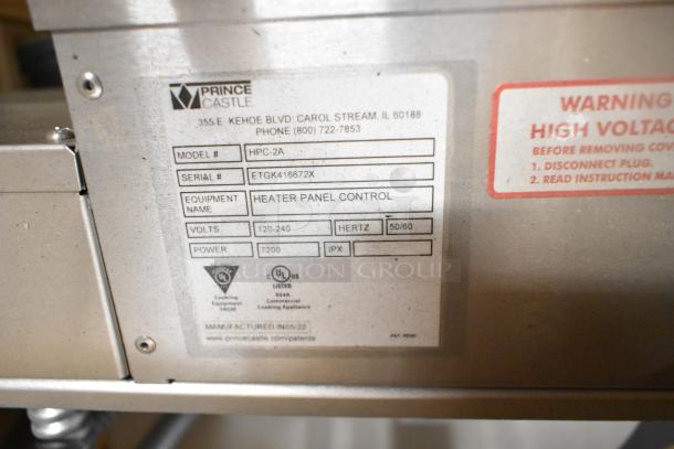 Brand new Prince Castle HPC-2A stainless steel heated bird cage, 56"x21", 120/240V, 1 phase, shown with label and warnings.