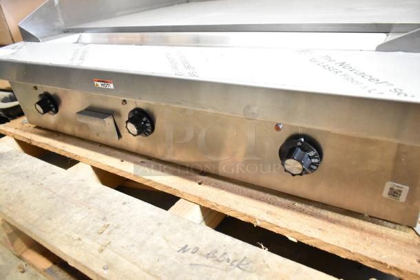 Brand new 2021 Southbend PE36N-TTT stainless steel electric griddle, 208V, 1-phase, with control knobs and HOT warning label.