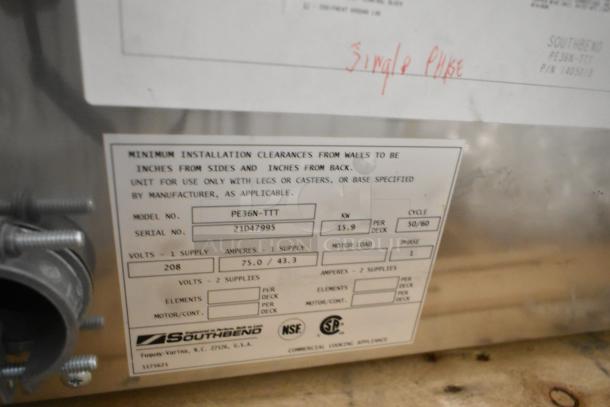 BRAND NEW 2021 Southbend PE36N-TTT stainless steel electric griddle, 208V, 1-phase. Label shows model, serial no. 21D47995.