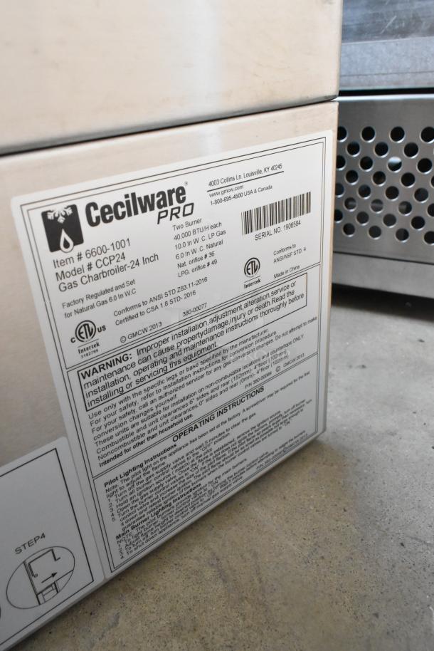 BRAND NEW Cecilware Pro CCP24 stainless steel charbroiler grill with visible model and warning labels.