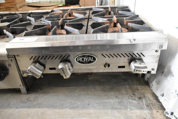 Royal Stainless Steel 4-Burner Commercial Gas Range, countertop model. Features include durable construction, labeled dials.