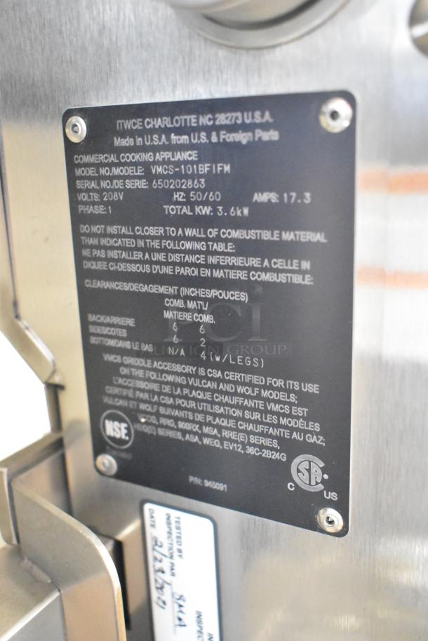 Vulcan VMCS-101BFIFM stainless steel clamshell hood label, 208 volts, 1 phase, for commercial griddle. CSA certified.