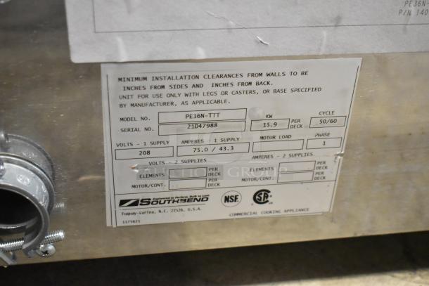 2021 Southbend PE36N-TTT stainless steel griddle label, showing model, serial number 21D47988, 208 volts, 1 phase.