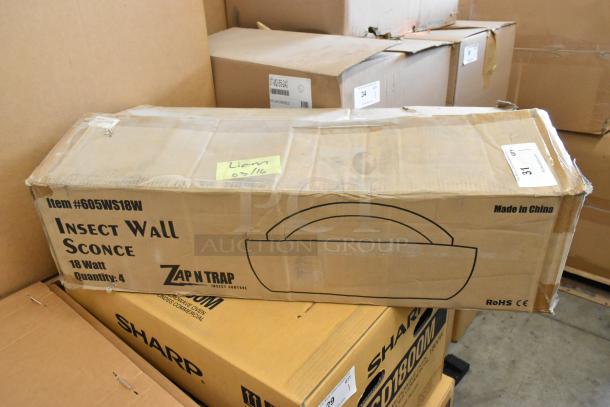 4 new Zap N Trap 605WS18W insect wall sconces in box. 18W, RoHS compliant. Packaging shows light wear. Quantity: 4.