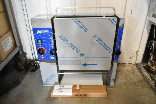Brand new Prince Castle 296-T55JACK stainless steel vertical contact toaster, 115V, in packaging. Control dials visible.