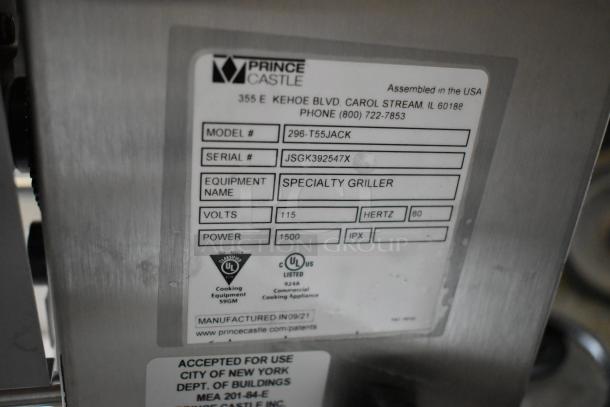 Brand new Prince Castle 296-T55JACK stainless steel contact toaster, model label showing 115 volts, 1 phase.