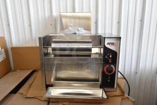BRAND NEW APW Wyott M-95-2 stainless steel bun toaster, 865 slices/hr, 240V, 1 phase, countertop model, with control panel.
