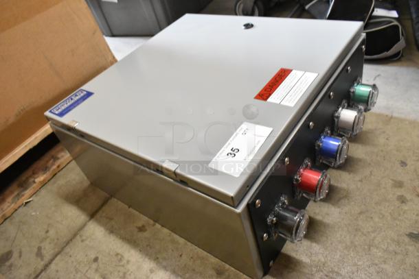 Power Assemblies gray metal box with multiple colored connectors, labeled "Danger" and "Lot 35," in excellent condition.