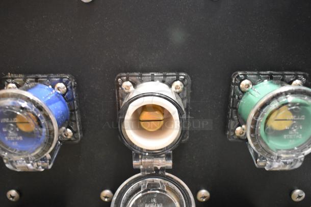 Power Assemblies gray metal box with three colorful, labeled connectors. Features blue, white, and green sockets.