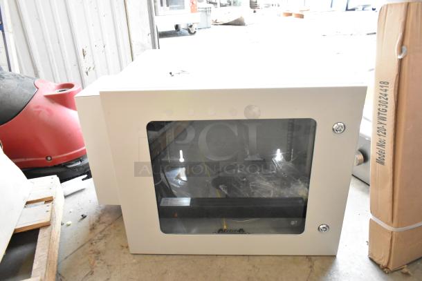 BRAND NEW! BlackShields DC0300 white metal cabinet, transparent window door, visible interior components, sealed.