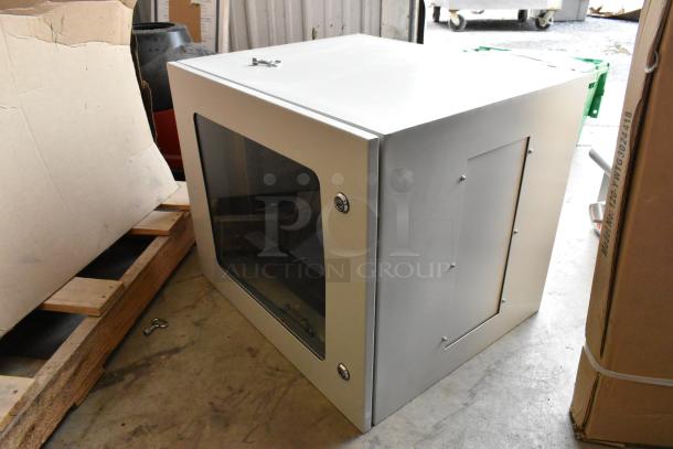BRAND NEW BlackShields DC0300 white metal cabinet with lockable glass door. Durable construction, ideal for secure storage.