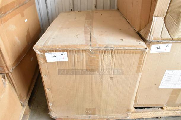 Brand new BlackShields DC0300 white metal cabinet in sealed box, showing exterior packaging and auction label.