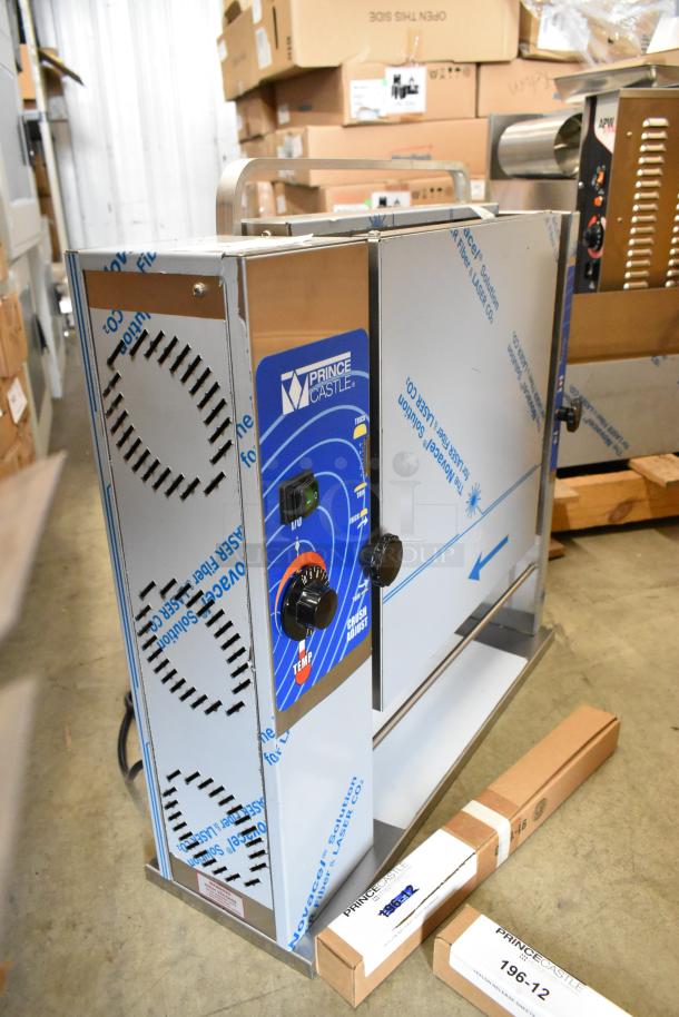 Brand new Prince Castle 296-T55JACK stainless steel vertical contact toaster, 115V, with temperature control knobs, in box.