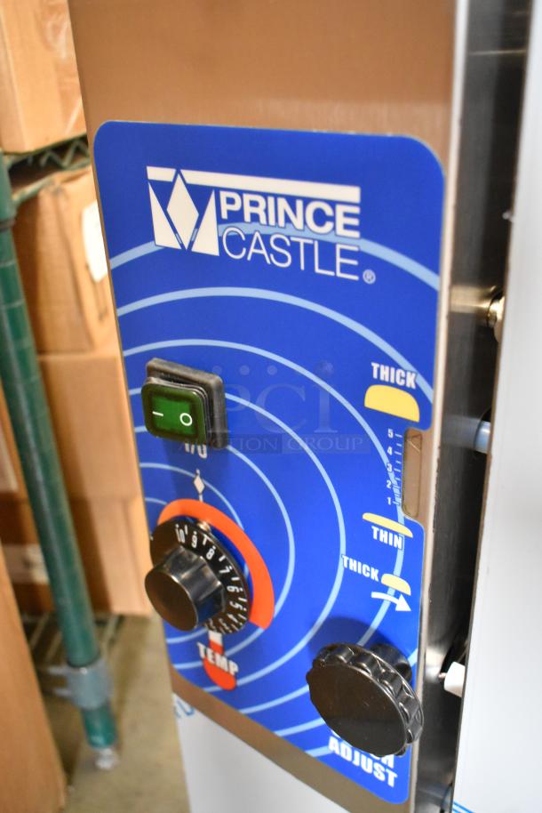 Brand new Prince Castle 296-T55JACK stainless steel vertical contact toaster, featuring adjustable controls and clear branding.