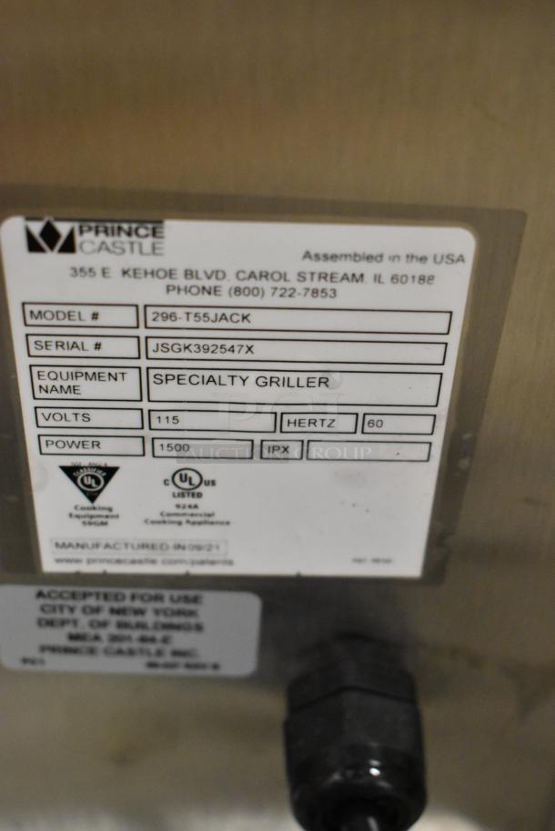 Prince Castle 296-T55JACK stainless steel vertical contact toaster; brand new, 115 volts; model and specs label shown.