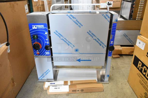 Brand new Prince Castle 296-T55JACK stainless steel vertical contact toaster, 115V, 1 phase, with control panel.