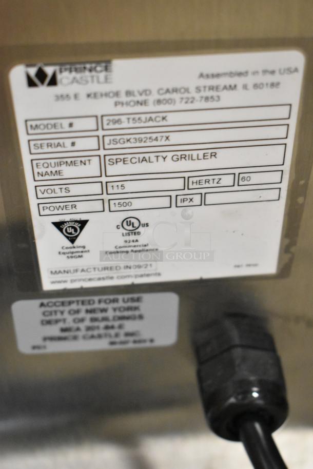 Prince Castle 296-T55JACK stainless steel contact toaster. New in box. Model and serial tags visible. 115V, 1 phase.