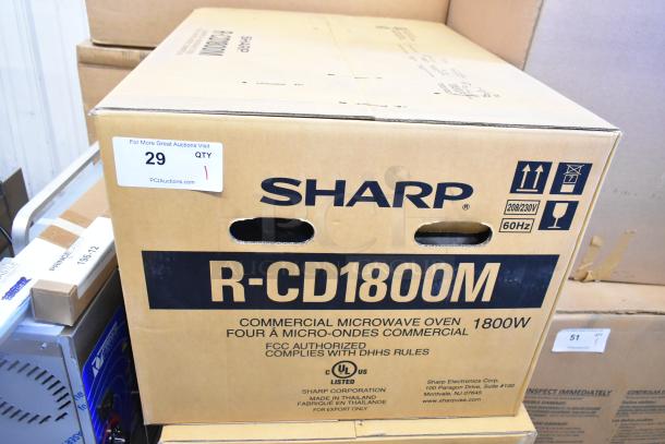 Brand new Sharp R-CD1800M TwinTouch commercial microwave oven in original box, 1800W, FCC authorized, UL listed.