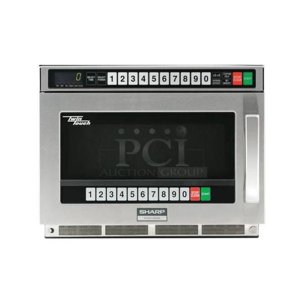 Brand new Sharp R-CD1800M TwinTouch commercial microwave oven with keypad controls, stainless steel finish.