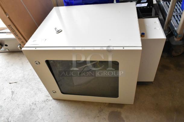 BRAND NEW BlackShields DC0300 white metal cabinet, featuring a lockable door with a window. Pristine condition.