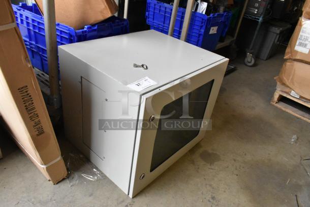 BRAND NEW BlackShields DC0300 white metal cabinet with locking door, visible key, brand label intact, in pristine condition.