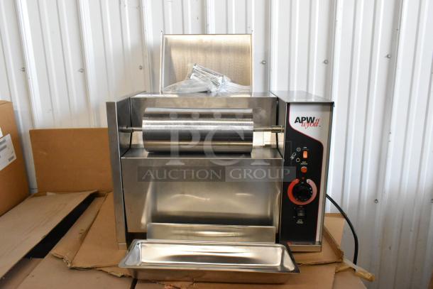 Brand new APW Wyott M-95-2 stainless steel vertical bun toaster, 865 slices/hr, 240V, 1 Phase, in box, countertop model.