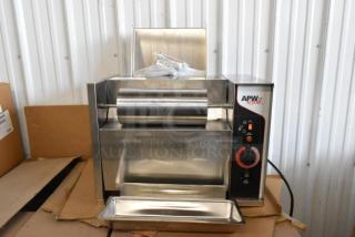 Brand new APW Wyott M-95-2 stainless steel vertical bun toaster, 865 slices/hr, 240V, 1 Phase, in box, countertop model.