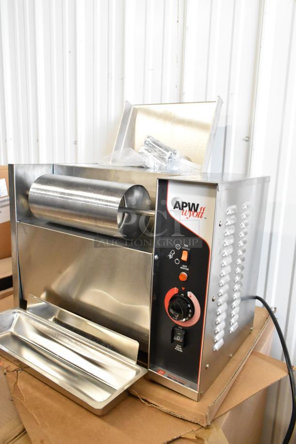 BRAND NEW APW Wyott M-95-2 stainless steel vertical bun toaster, 865 slices/hr, 240V, in original packaging.