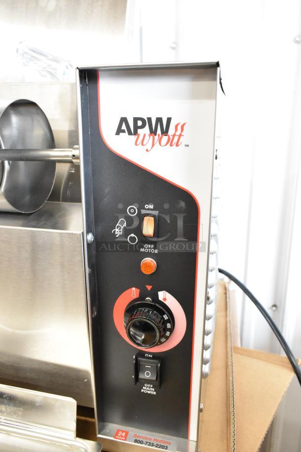 BRAND NEW APW Wyott M-95-2 stainless steel vertical bun toaster, 865 slices/hr, 240V, 1 phase, with control panel and branding visible.