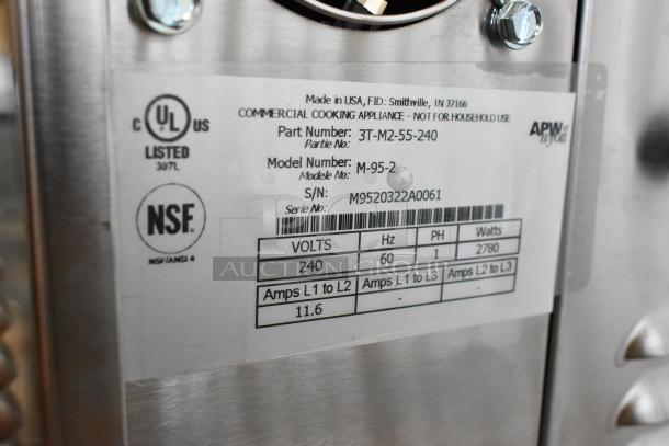 BRAND NEW APW Wyott M-95-2 stainless steel bun toaster, 865 slices/hr, 240V, 1 Phase. UL and NSF certified label visible.