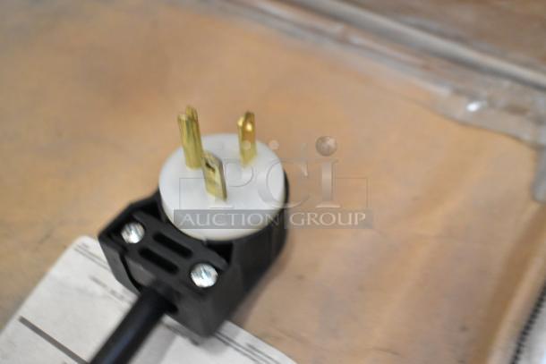 BRAND NEW APW Wyott M-95-2 stainless steel countertop vertical bun toaster, 240V, 1 phase, 865 slices/hr. Plug detail shown.