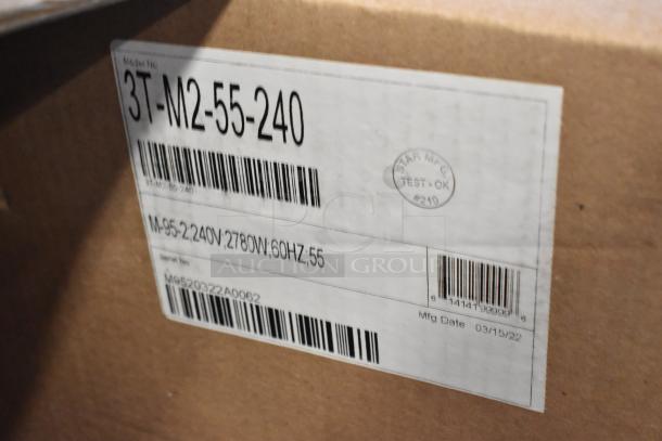 Brand new APW Wyott M-95-2 vertical bun toaster box, 865 slices/hr, 240V, 1 phase, labeled for model, power, and Mfg date: 03/15/22.