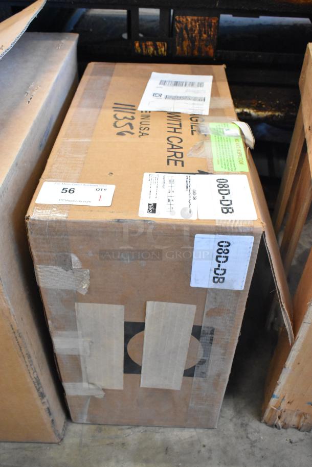 Brand new 08D-DB metal commercial exhaust fan, 115V, 1 phase, in sealed box. Labels indicate shipping and model details.