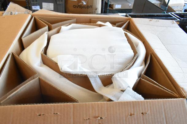 Brand new 08D-DB metal direct drive exhaust fan in box. 115V, 1 phase. Packaging shows protective foam and cardboard inserts.